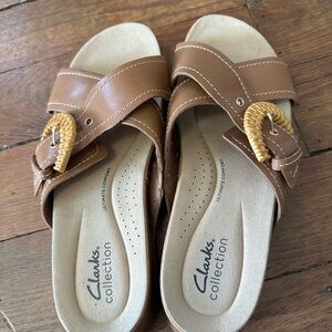 Clarks Brown Leather Slide Sandals with Woven Buckle